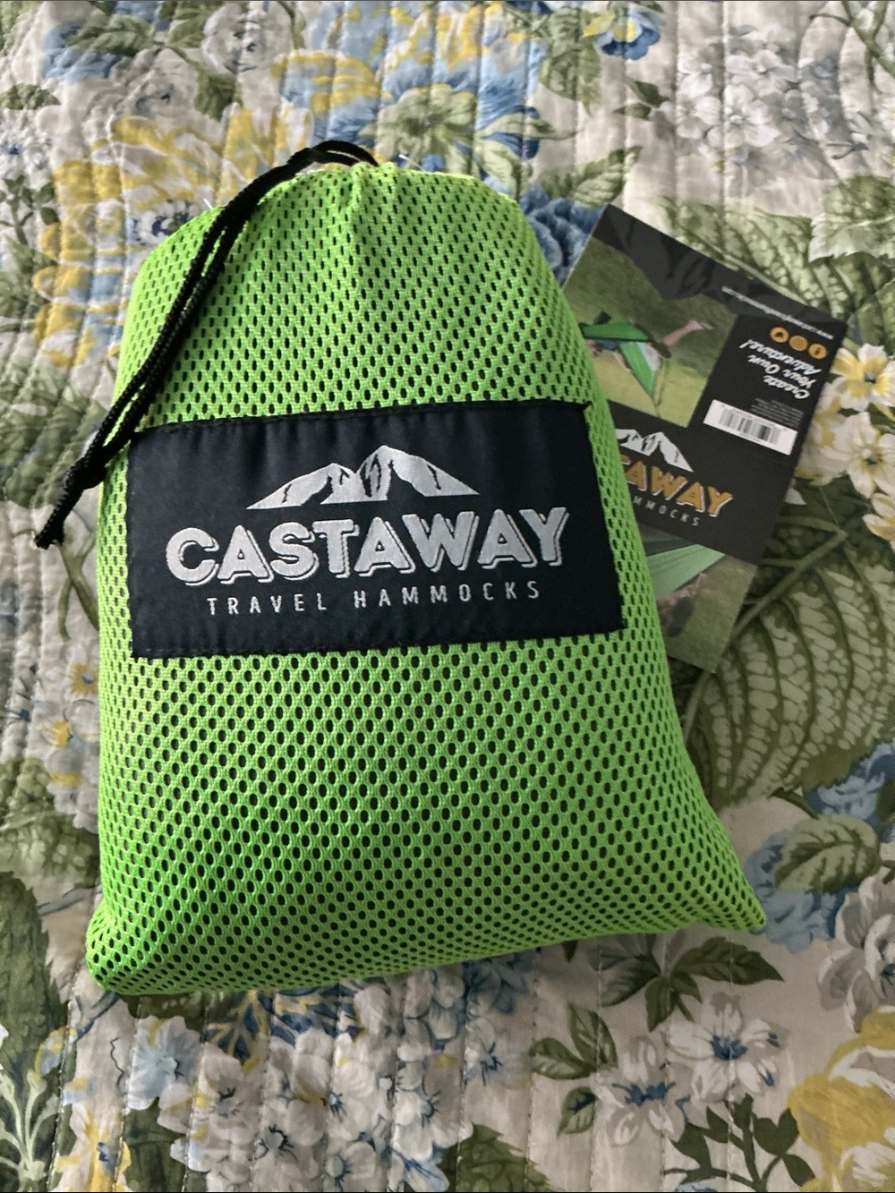 Castaway Travel mesh Hammock Green single person with rings and straps in sack